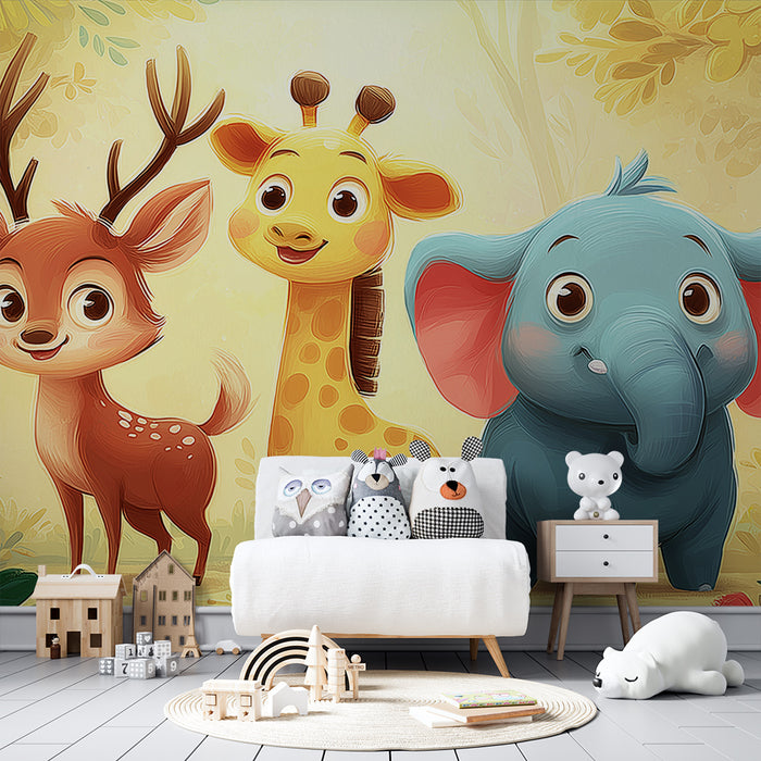 Barntapet | Söta skogs djur med en hjort, en giraff och en elefant