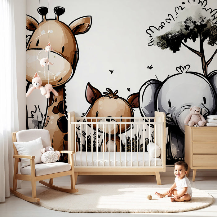 Børneværelse tapet | Søde jungle dyr med giraf, elefant og lille hund