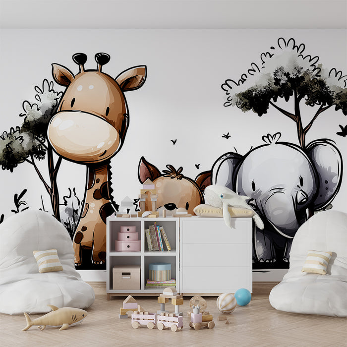 Børneværelse tapet | Søde jungle dyr med giraf, elefant og lille hund
