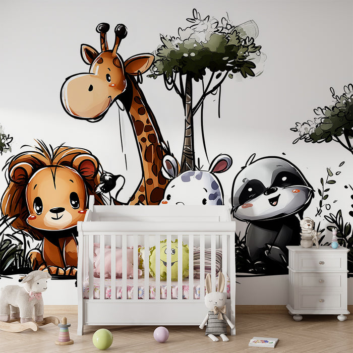 Papel de parede criança | Animais fofos da selva com girafa, leão e panda