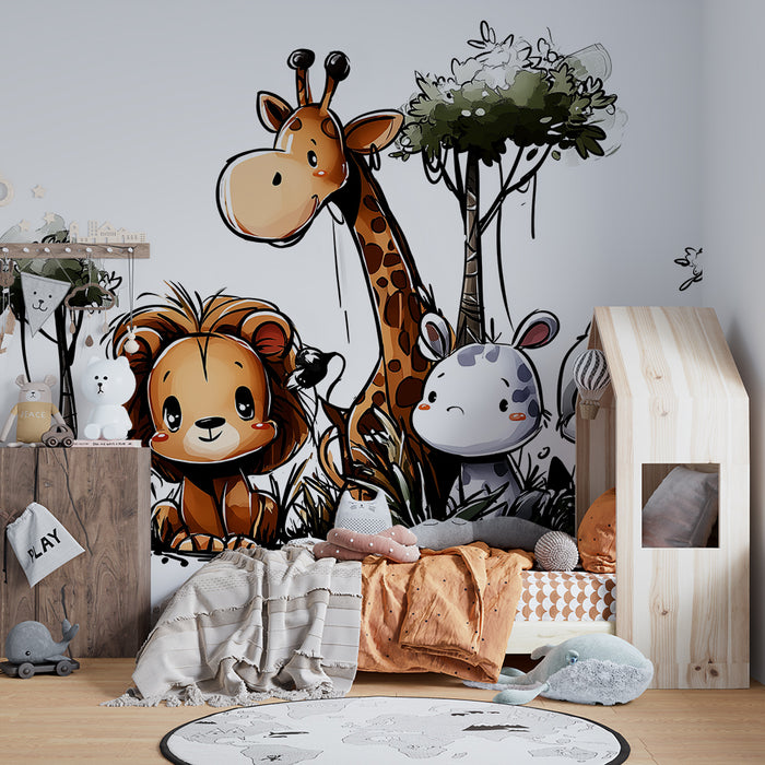 Papel de parede criança | Animais fofos da selva com girafa, leão e panda