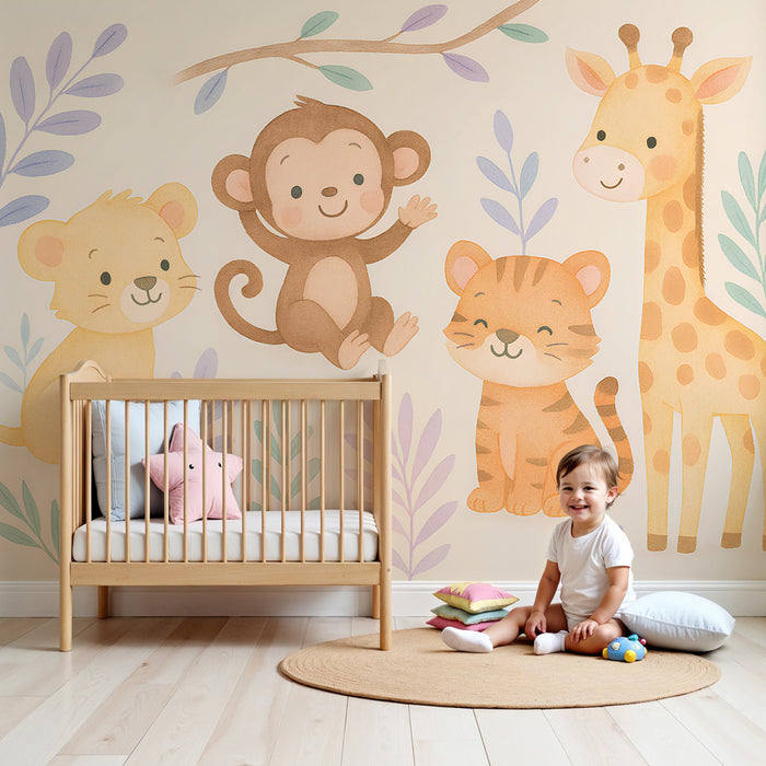 Kinderkamer behang | Schattige jungle dieren op groot formaat
