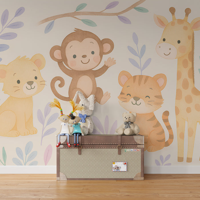 Kinderkamer behang | Schattige jungle dieren op groot formaat