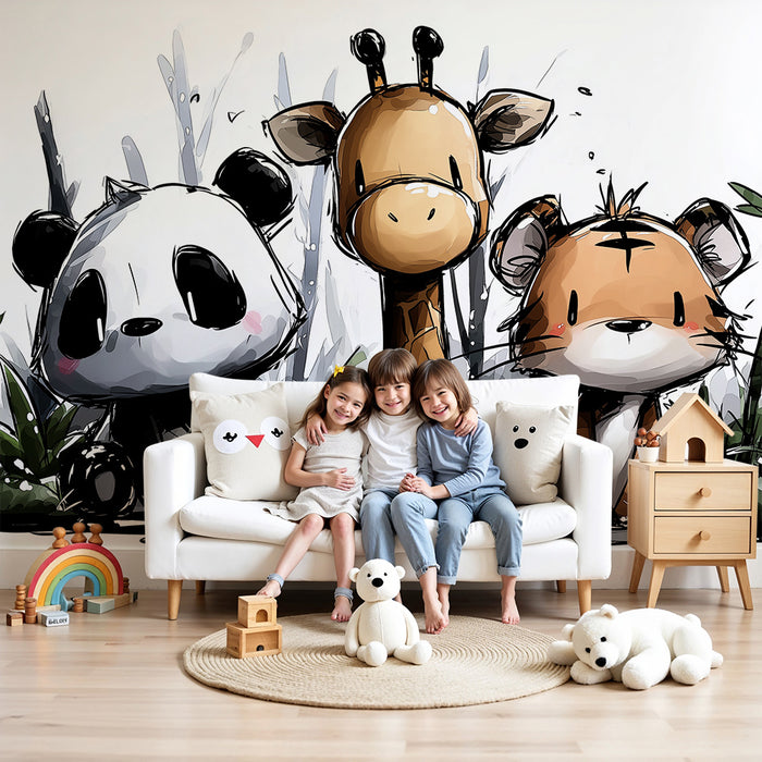 Kids' Room Wallpaper | Cute Jungle Animals: Panda, Giraffe & Tiger