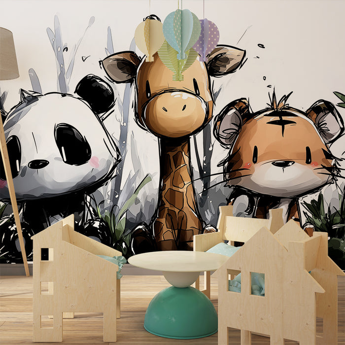 Kids' Room Wallpaper | Cute Jungle Animals: Panda, Giraffe & Tiger