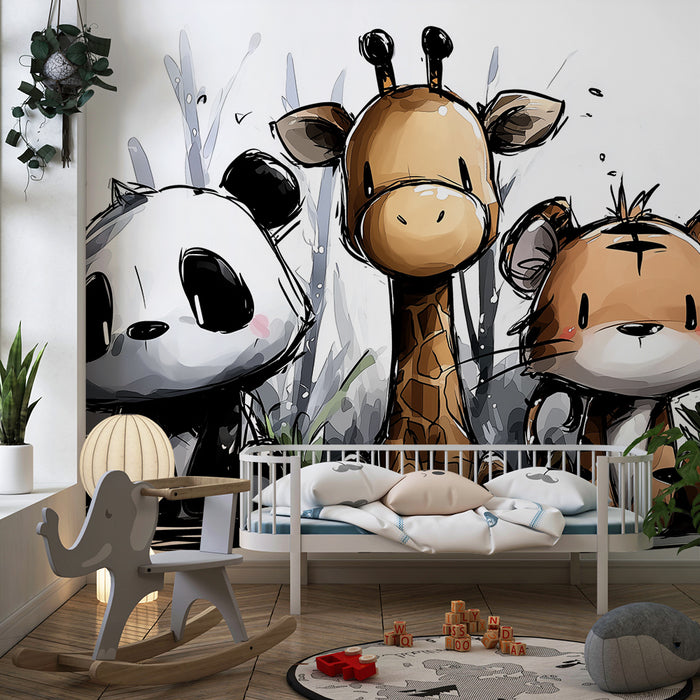 Kids' Room Wallpaper | Cute Jungle Animals: Panda, Giraffe & Tiger