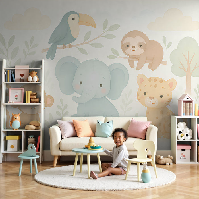 Papier peint chambre enfant | Animaux mignons de la jungle tout en pastel
