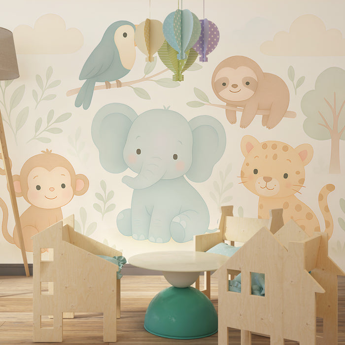 Papier peint chambre enfant | Animaux mignons de la jungle tout en pastel