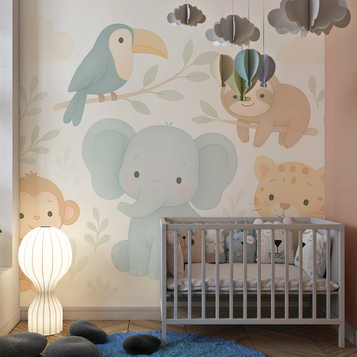 Papier peint chambre enfant | Animaux mignons de la jungle tout en pastel