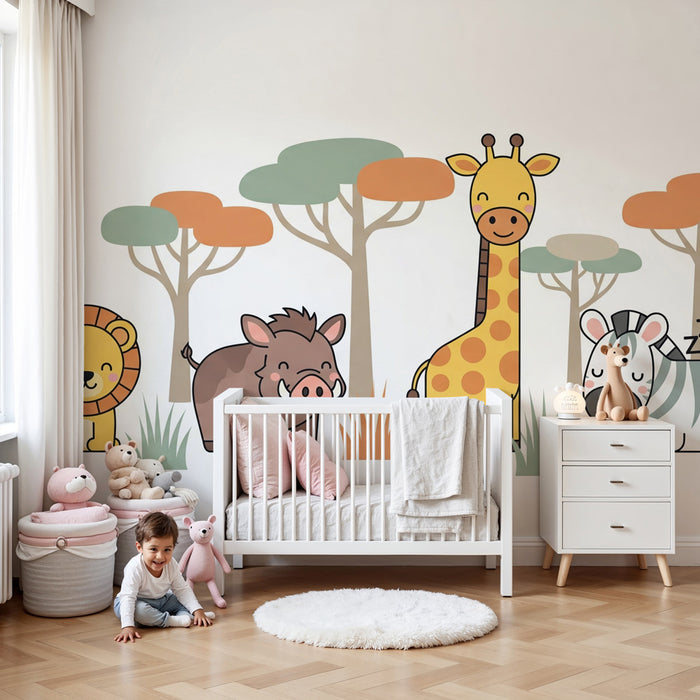 Kids room wallpaper | Cute safari animals in simplified design