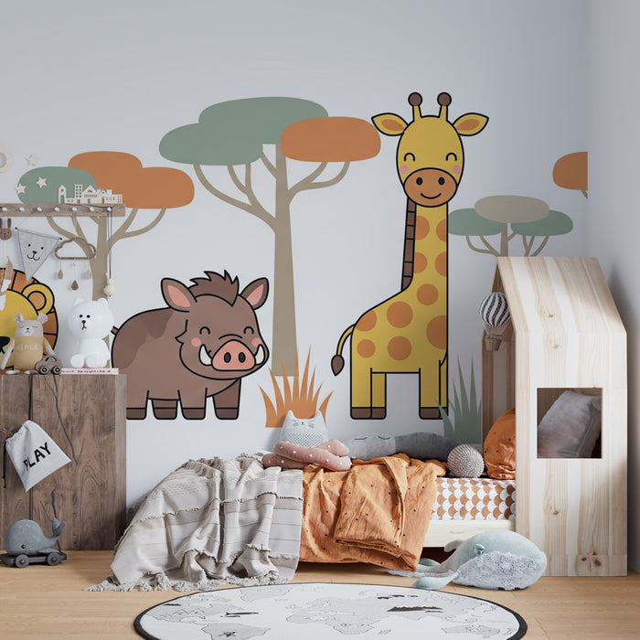 Kids room wallpaper | Cute safari animals in simplified design