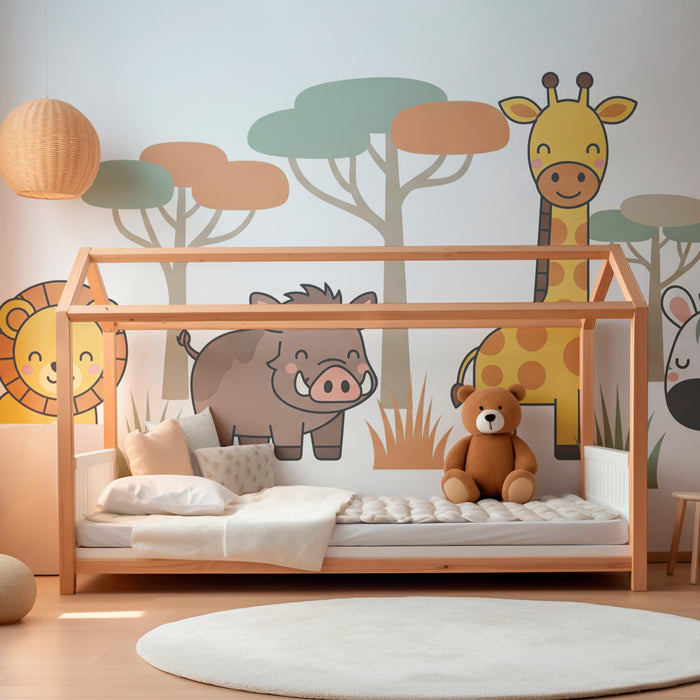 Kids room wallpaper | Cute safari animals in simplified design