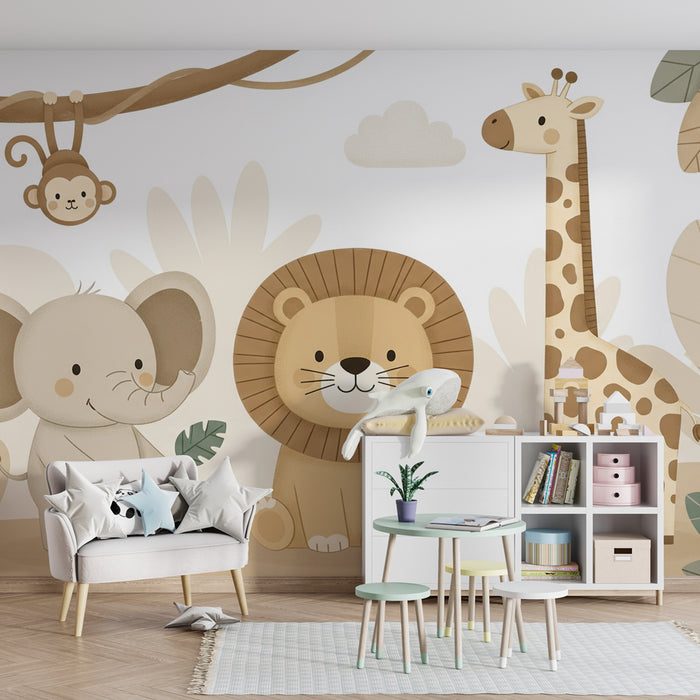 Kinderzimmer Tapete | Niedliche Savannentiere in sanften Farben