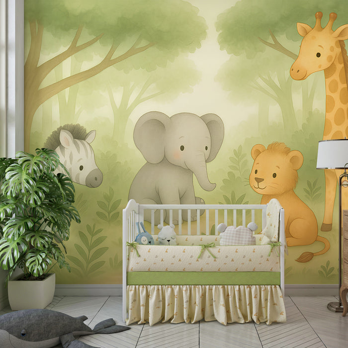 Papier peint chambre enfant | Animaux mignons de la savane en foret