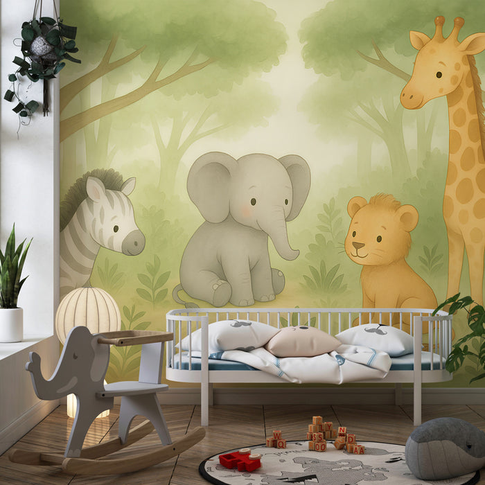 Papier peint chambre enfant | Animaux mignons de la savane en foret