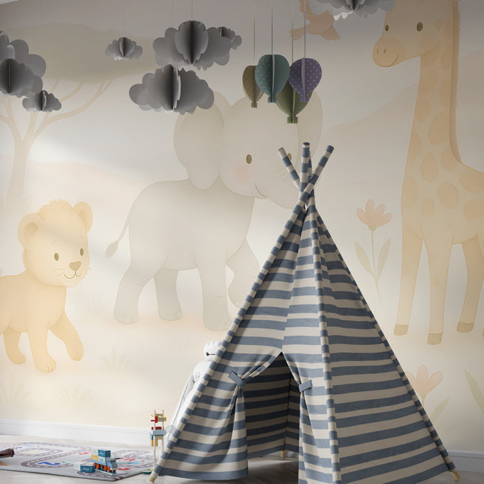 Papier peint chambre enfant | Animaux mignons de la savane tout en pastel