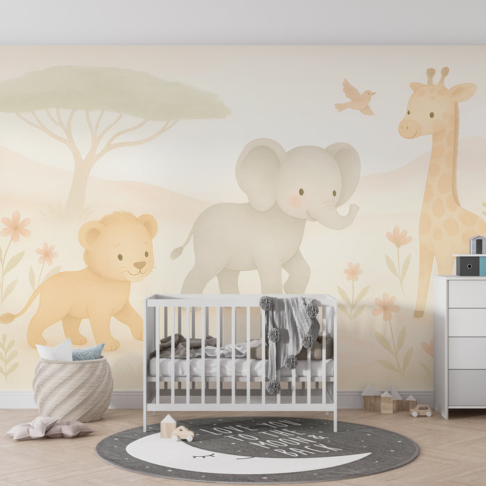 Papier peint chambre enfant | Animaux mignons de la savane tout en pastel
