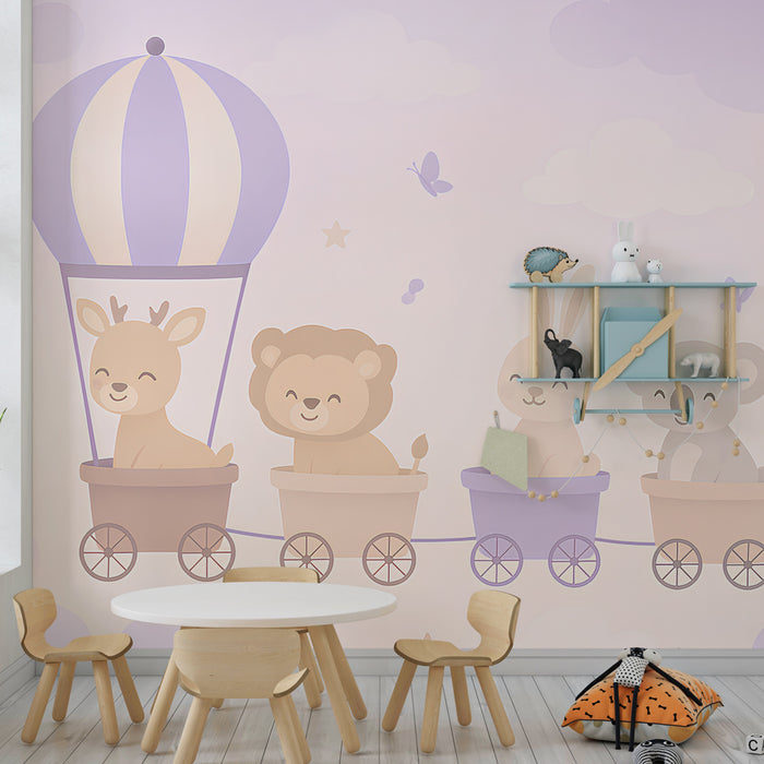 Kids room wallpaper | Cute animals on a walk