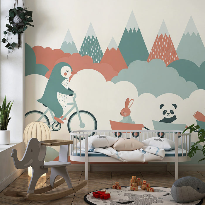 Kids room wallpaper | Cute animals walking in the clouds