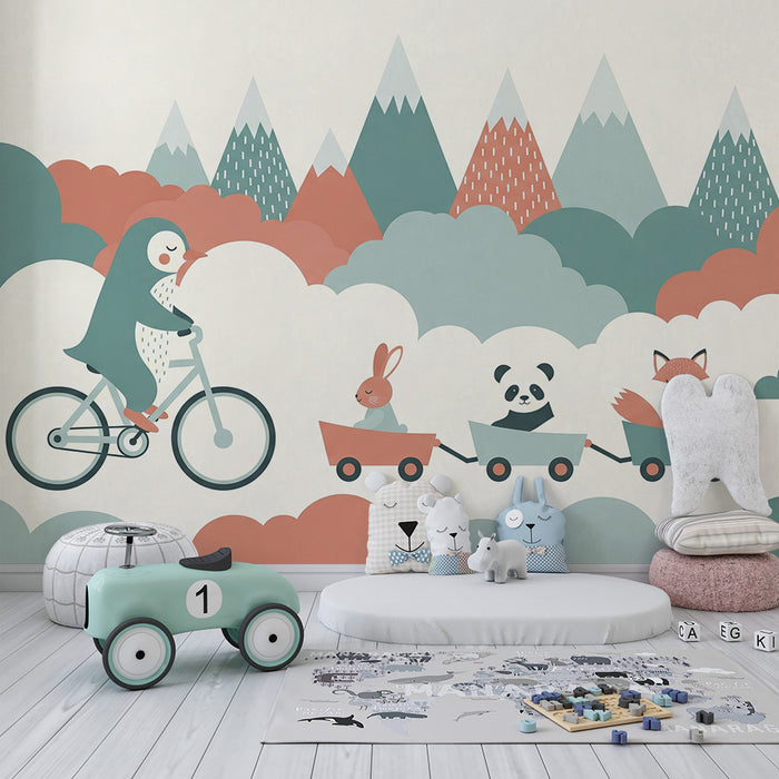 Kids room wallpaper | Cute animals walking in the clouds