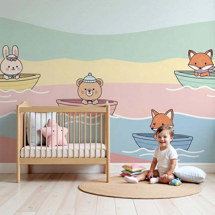 Papier peint chambre enfant | Animaux mignons en bateau sur une mer pastel