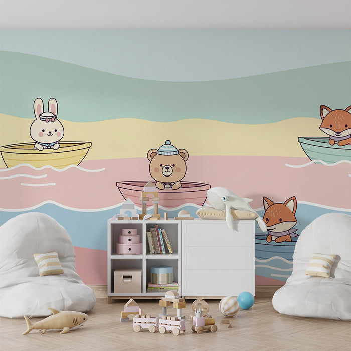 Papier peint chambre enfant | Animaux mignons en bateau sur une mer pastel