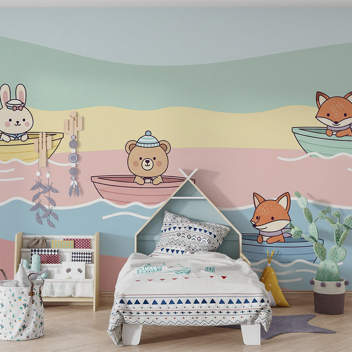 Papier peint chambre enfant | Animaux mignons en bateau sur une mer pastel