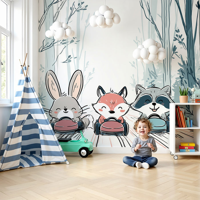 Papier peint chambre enfant | Animaux mignons en course dans la forêt