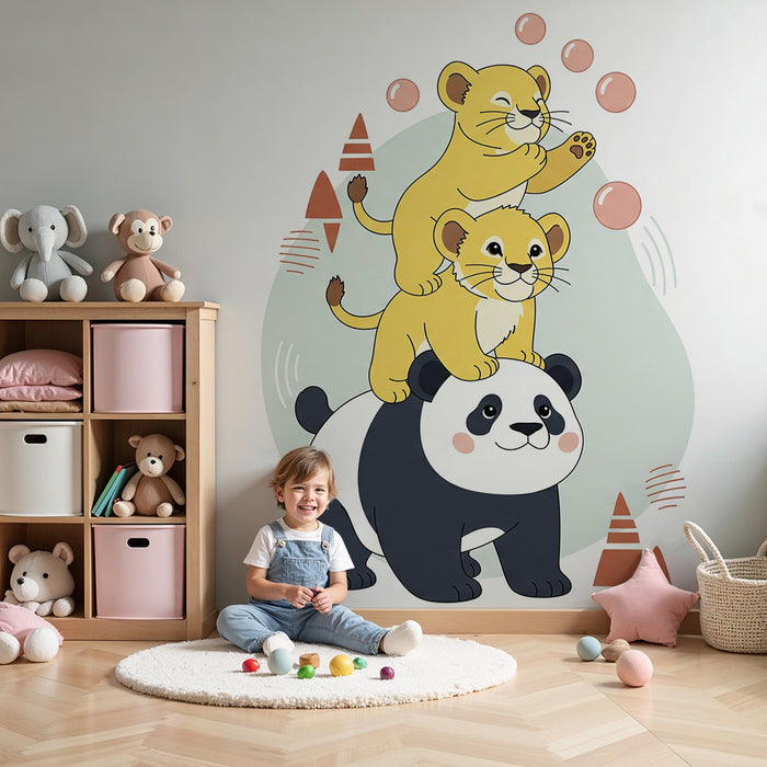 Papel pintado infantil | Lindos animales en equilibrio con un panda y cachorros de león