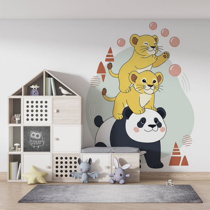 Papel pintado infantil | Lindos animales en equilibrio con un panda y cachorros de león