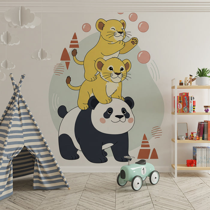 Papel pintado infantil | Lindos animales en equilibrio con un panda y cachorros de león