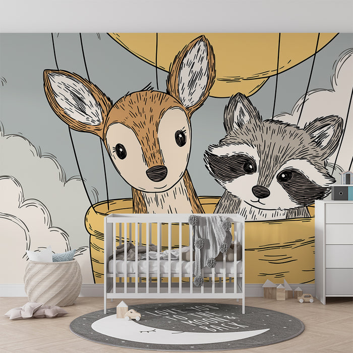 Carta da parati bambini | Adorabili animali in mongolfiera sopra le nuvole