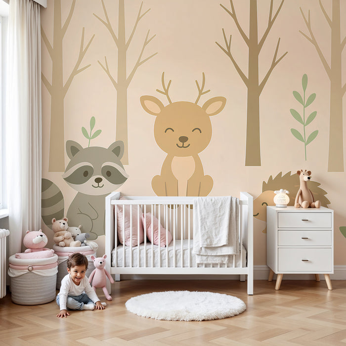 Papier peint chambre enfant | Animaux mignons épurés dans la forêt