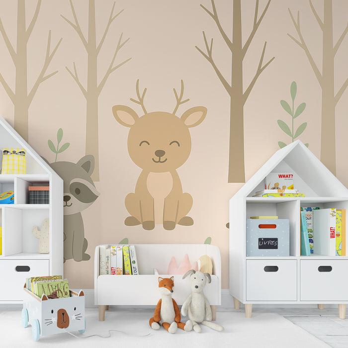 Papier peint chambre enfant | Animaux mignons épurés dans la forêt