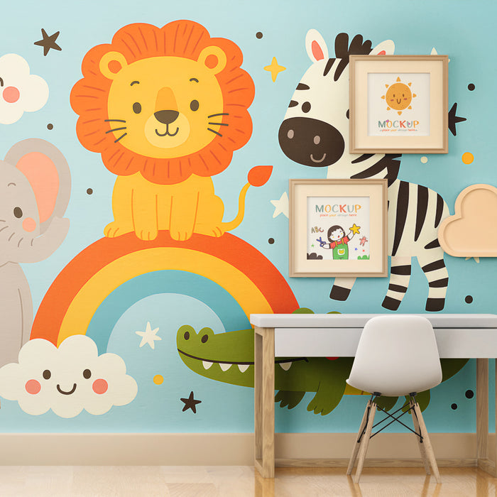 Papier peint chambre enfant | Animaux mignons et arc-en-ciel