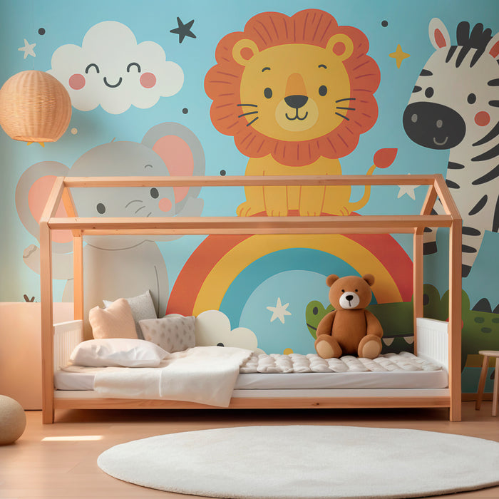 Papier peint chambre enfant | Animaux mignons et arc-en-ciel