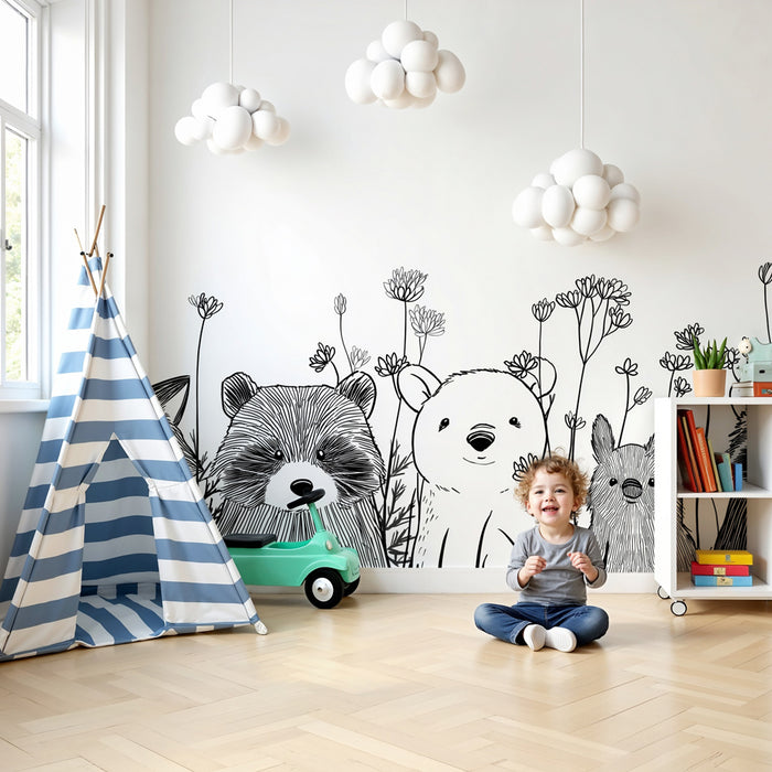 Papier peint chambre enfant | Animaux mignons et fleurs