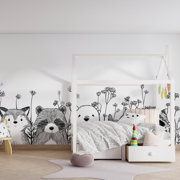 Papier peint chambre enfant | Animaux mignons et fleurs