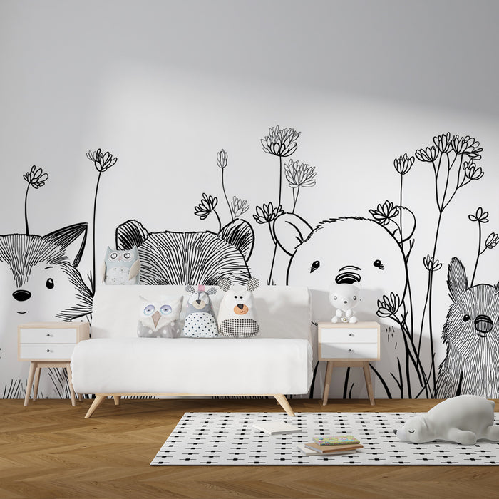 Papier peint chambre enfant | Animaux mignons et fleurs