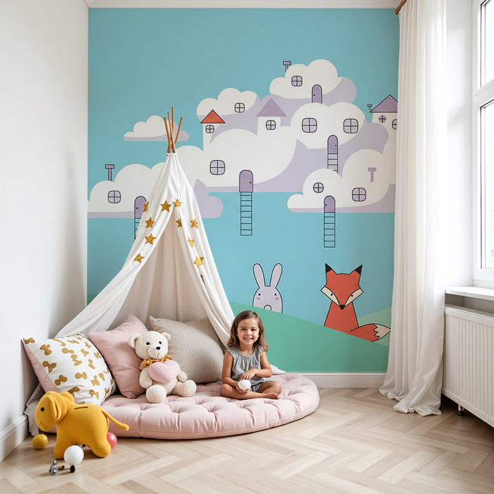Papel pintado infantil | Animales adorables y casas entre nubes