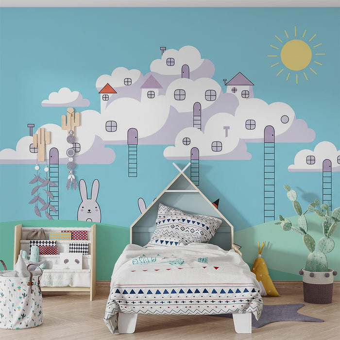 Papel pintado infantil | Animales adorables y casas entre nubes