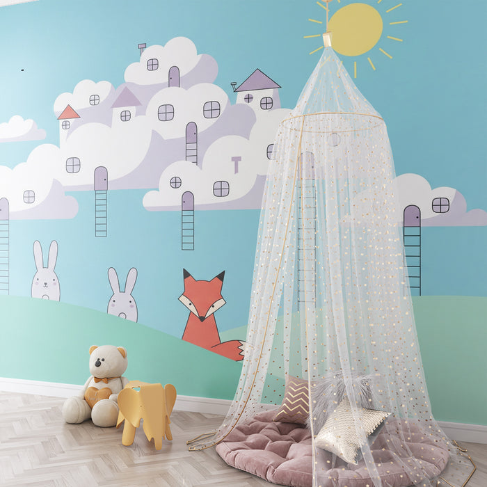 Papel pintado infantil | Animales adorables y casas entre nubes