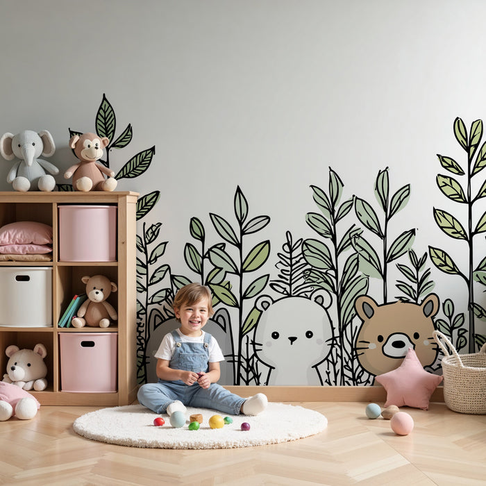 Papier peint chambre enfant | Animaux mignons parmi les feuillages