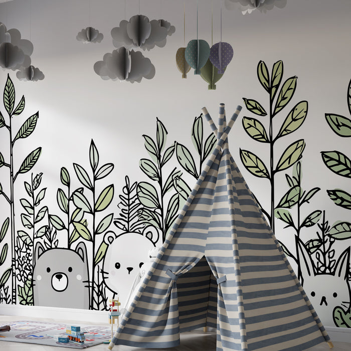 Papier peint chambre enfant | Animaux mignons parmi les feuillages