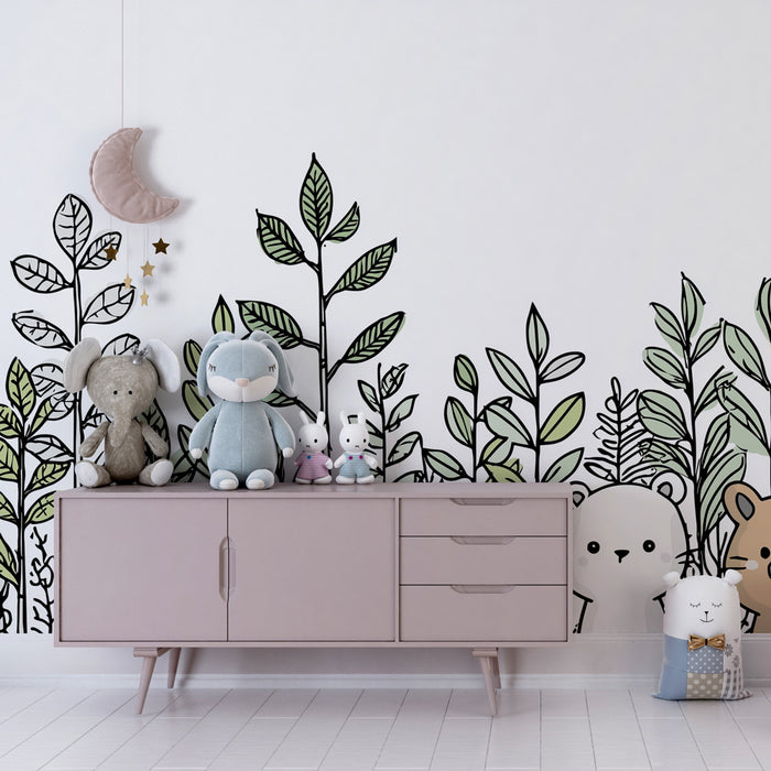 Papier peint chambre enfant | Animaux mignons parmi les feuillages
