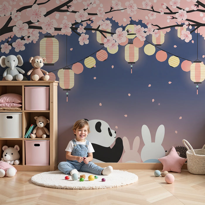 Kids room wallpaper | Cute animals under blooming cherry trees with colorful lanterns