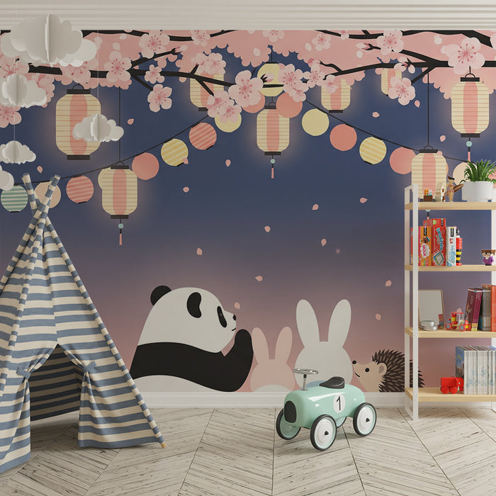 Kids room wallpaper | Cute animals under blooming cherry trees with colorful lanterns