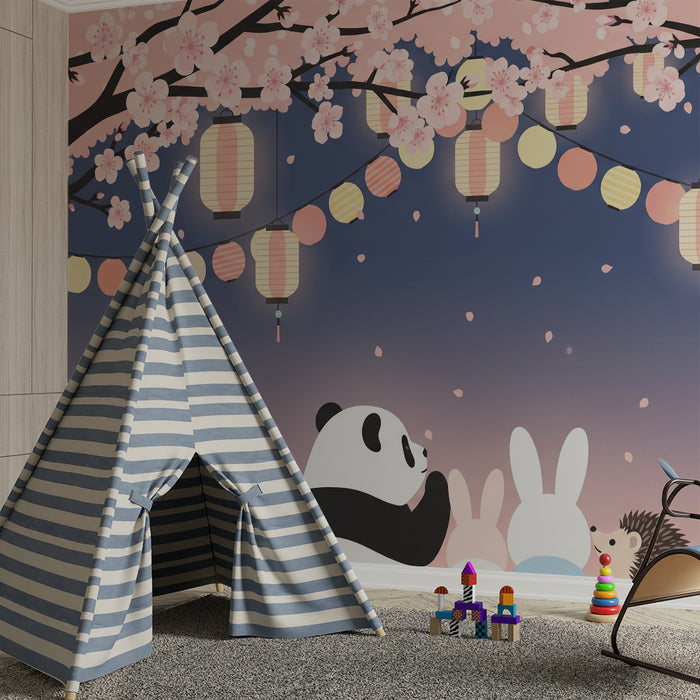 Kids room wallpaper | Cute animals under blooming cherry trees with colorful lanterns