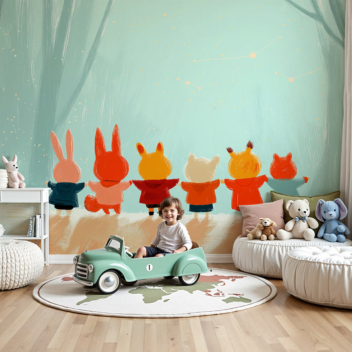 Papier peint chambre enfant | Animaux mignons sous les étoiles dans une forêt enchantée