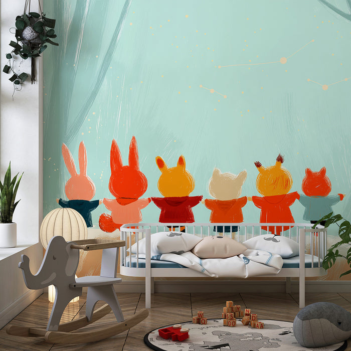 Papier peint chambre enfant | Animaux mignons sous les étoiles dans une forêt enchantée